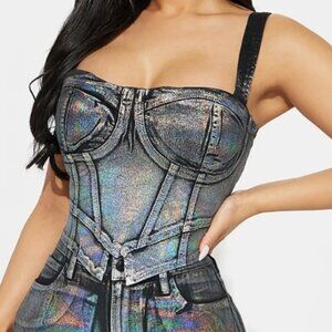 Iridescent Metallic Foil Silver Corset Denim Top